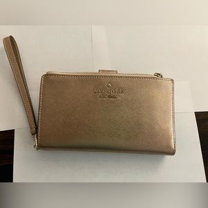 Kate Spade metallic rose gold Saffiano leather large continental wallet/wristlet